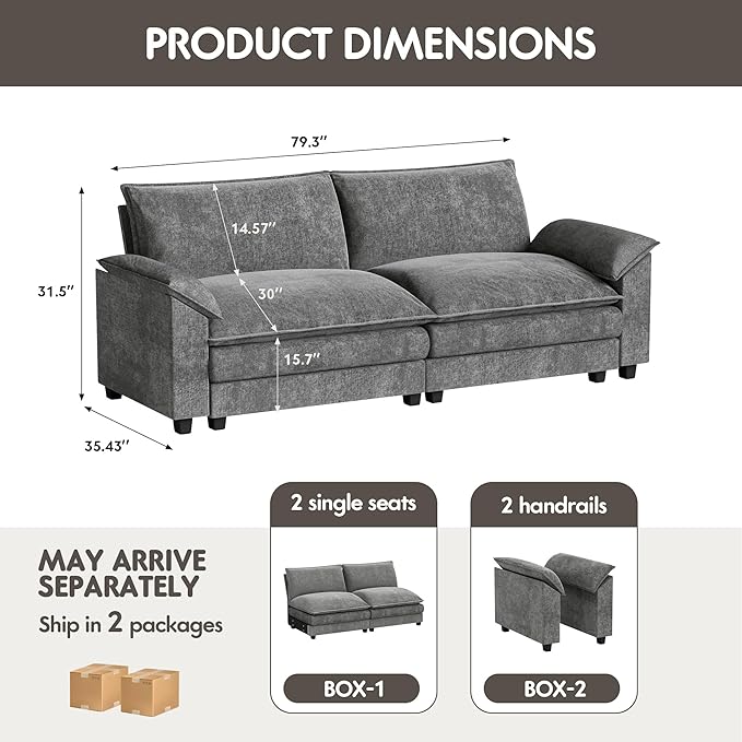 Homall 80 Modular Sectional Sofa Loveseat Sofa Couch with Double-Layer Cushion DIY Combination Chenille Deep 2-Seat Cloud Couch for Living Room Apartment (Bright Grey Loveseat Sofa)