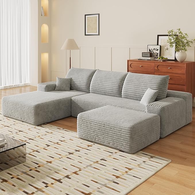 107 Cloud Modular Sectional Sofa with Movable Ottoman Comfy Boneless Sectional Couches for Living Room Fluffy Corduroy U Shape Floor Lounge Sofa Couch with Left Chaise Daybed