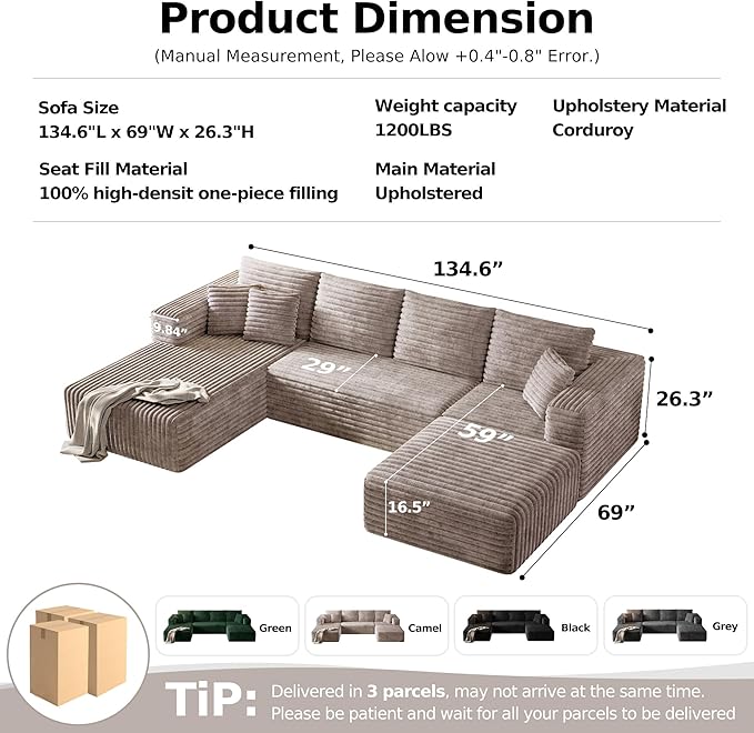 134.6 Modular Sectional Sofa with Deep Seat Boneless U Shaped Corduroy Couch Modern Comfort Cloud Couch Oversized for Living Room No Assembly (Camel)