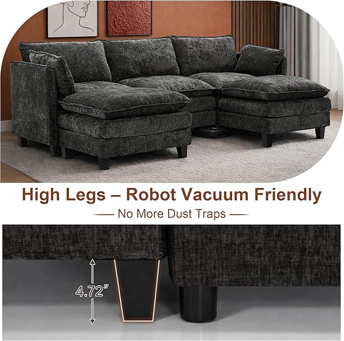 111” Modular Sectional Sofa L Shaped Cloud Couch with Ottoman Chenille Deep Seat Sofa with Pillow for Living Room Bedroom and Apartment5 Seats Grey