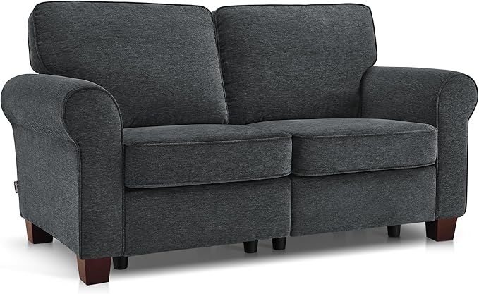 MCombo 67.7 Loveseat Sofa 2-Seater Small Couch for Small Spaces Classic Rolled Arm Upholstered Sofa with Solid Wood Legs for Living Room Removable Cover Chenille Fabric VE730 (Dark Grey)