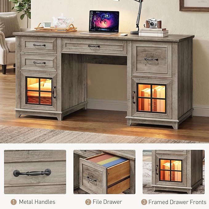 58 Farmhouse Executive Desk with Drawers LED Light Computer Desk with Drawers and File Cabinet Wooden Home Office Desk with Charging Station Workspace for Writing Greige