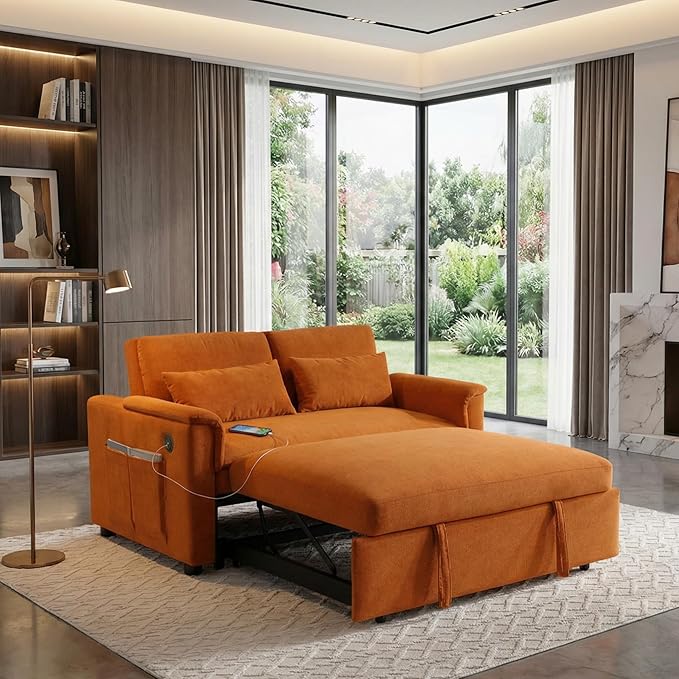 Sofa Bed Pull Out Couch with Side Pockets 3 in 1 Velvet Loveseat Sleeper Sofas Beds with USB Ports Sofa Bed Couch with Adjustable Backrest for Living Room Bedroom Apartment Orange