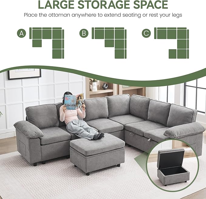 30 Storage Ottoman with Seating for Modular Sectional Sofa Chenille Upholstered Rectangular Ottoman Bench with Safety Hinge for Couch Living Room Bedroom Office Apartment Light Grey