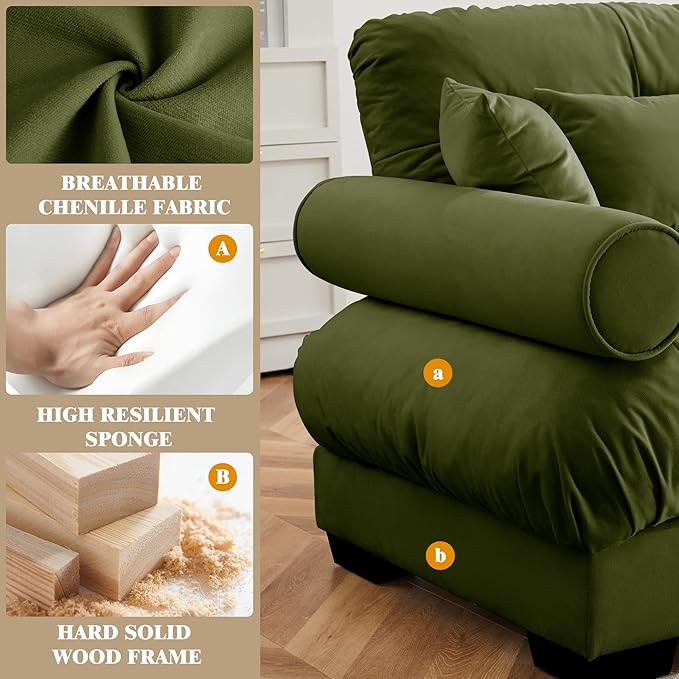 Oversized Modular Velvet Sectional Cloud Sofa Couch with Movable OttomanCorner Sofa with Comfortable Armrests Deep Seat Convertible L or U Shaped Couch (Olive Green 3 Seat+ 2 Ottomans)