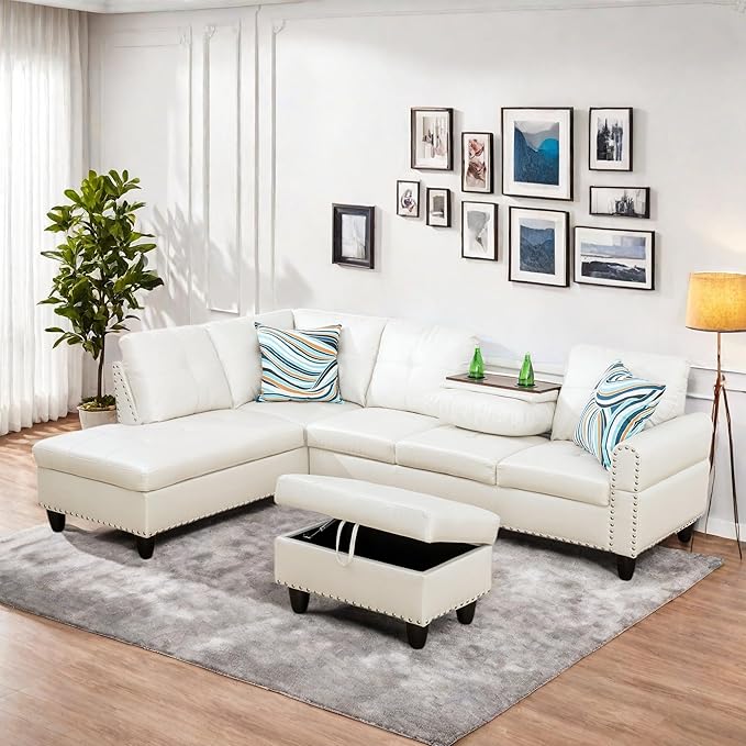 Sectional Couches for Living Room with Ottoman Modern Leather 4 Seat L Shaped Couch with Cup Holder Living Room Furniture Sets for Office Bedroom White