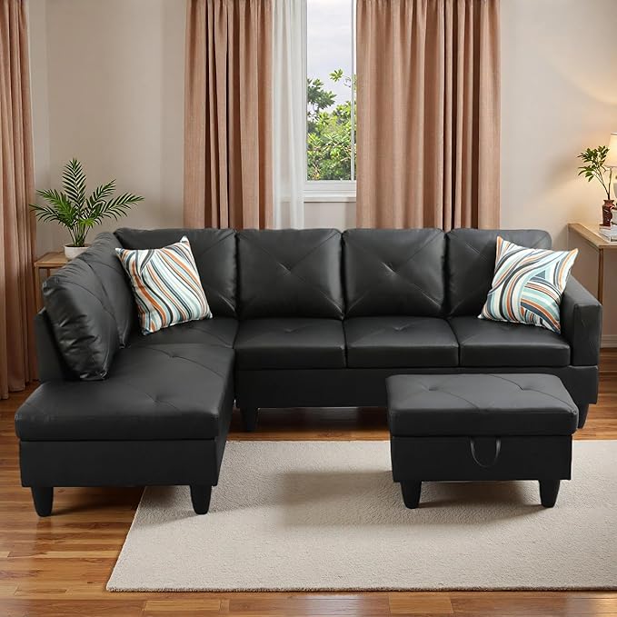 L-Shaped Sectional Sofa with Movable Chaise &amp Storage Ottoman Leather 3-Piece Modular Convertible Couches for Living Room Apartment &amp Office Black