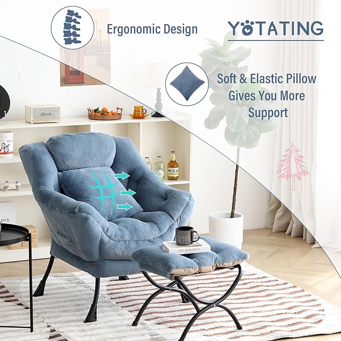Lazy Chair with Ottoman Comfy Reading Lounge Chair with Footstool &amp Throw Pillow Modern with Armrests &amp Side Pocket for Living Room Bedroom Dorm Room Plush Light Blue