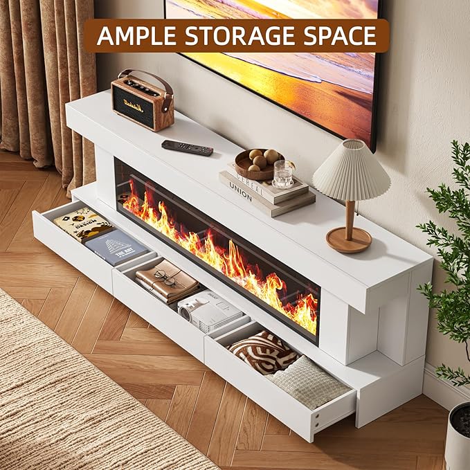 66.2 Fireplace TV Stand with 47 Electric Fireplace Heated Entertainment Center with Fireplace &amp 3 Drawers Modern Wood TV Console with 12 Electronic Flame Colors for Living Room White