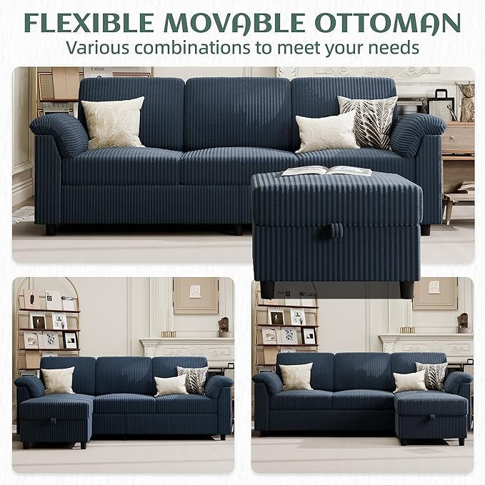 Vongrasig 79 Convertible Sectional Couches Sofa with Storage Ottoman 3 Seat L Shaped Couch with Side Storage Pockage Small Couches for Living Room Apartment and Small Space Dark Blue