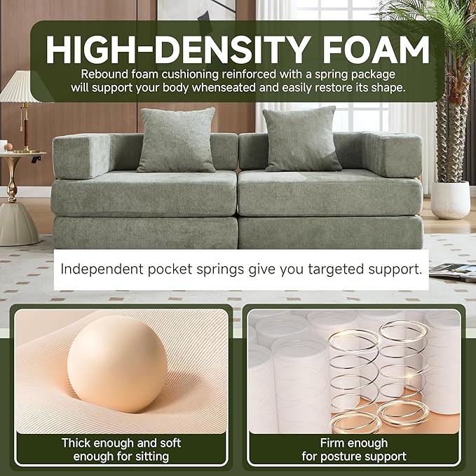 Convertible Sleeper Sofa Bed – 77'' 3-Seater Futon Couch with Corduroy Upholstery Pull-Out Floor Bed High-Density Foam No Assembly Perfect for Living Room Bedroom Apartment Studio (Green)