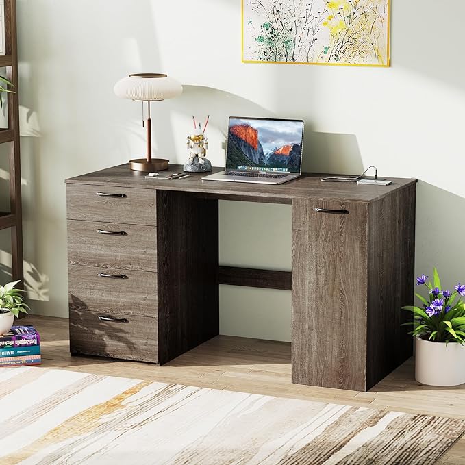 Tangkula 53 Computer Desk with 4 Storage Drawers &amp Cabinet Home Office Desk with Charging Station 5-Level Adjustable Shelf &amp Cable Management Hole Writing Study Desk Modern Executive Desk