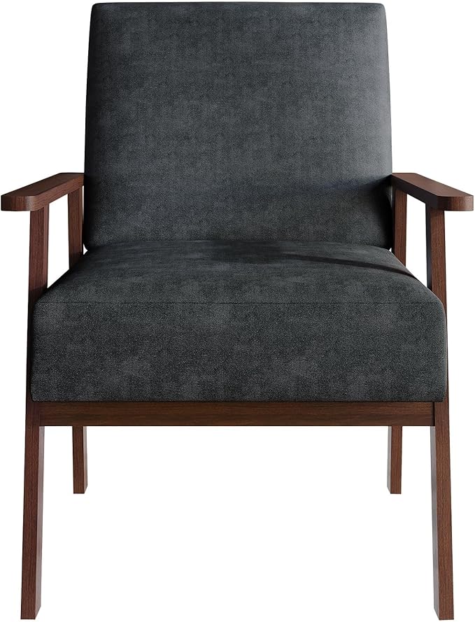 Mid-Century Modern Accent Chair Linen Upholstery Wooden Armrests Cushioned Seat Easy Assembly Dark Grey