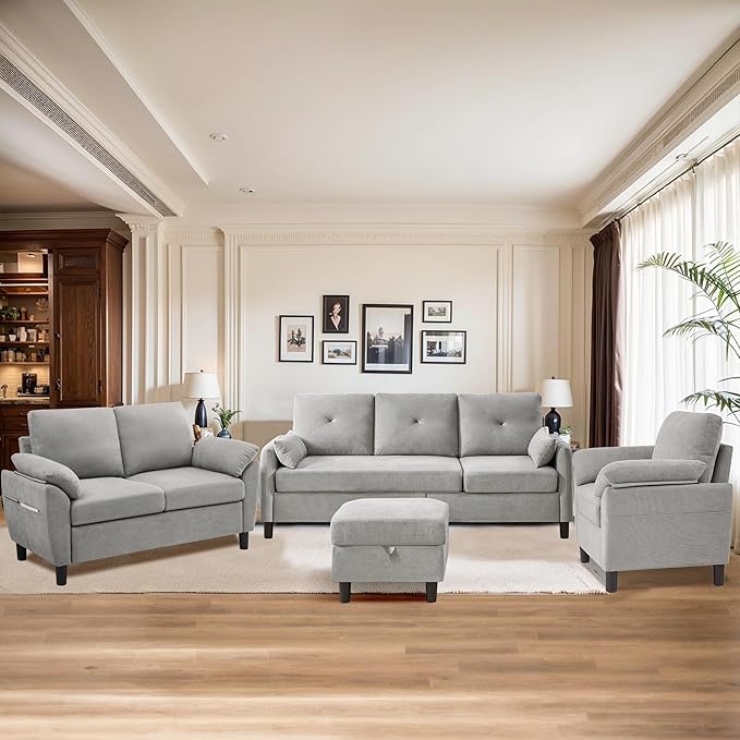 Sectional Sofa Set 77 Convertible Sofa &amp 45 Loveseat &amp 23 Chair Small 3 Seat L Shaped Couch with Storage Ottoman Modern Couches for Living Room Apartment Light Grey