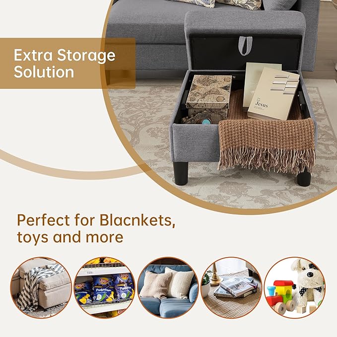 Convertible Sectional Sofa Couch 102 L Shaped Couch with Storage Ottoman and Side Pocket Modern Polyester 4-Seat Reversible Sofa Set for Living Room Light Grey