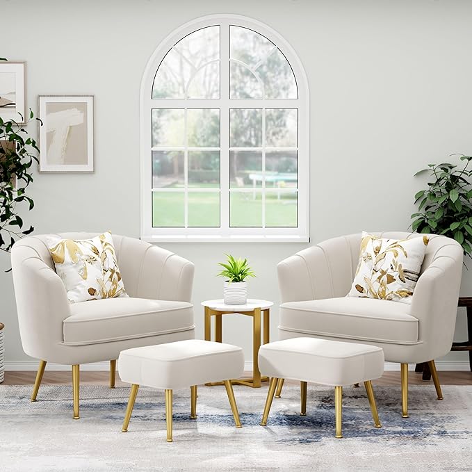 Andeworld Velvet Accent Chair with Ottoman Upholstered Modern Single Sofa Side ChairComfy Barrel Club Living Room Armchair with Golden Metal Legs for Bedroom Living Reading Room Office Beige