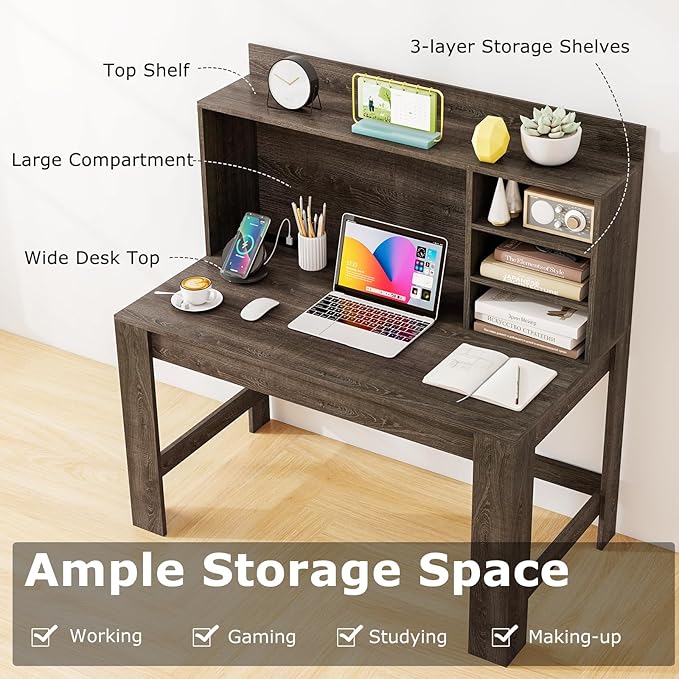 Tangkula Computer Desk with Hutch &amp Charging Station Home Office Writing Study Desk with Storage Shelves Cable Management Hole Laptop Desk Desk for Bedroom Computer Workstation (Gray Oak)