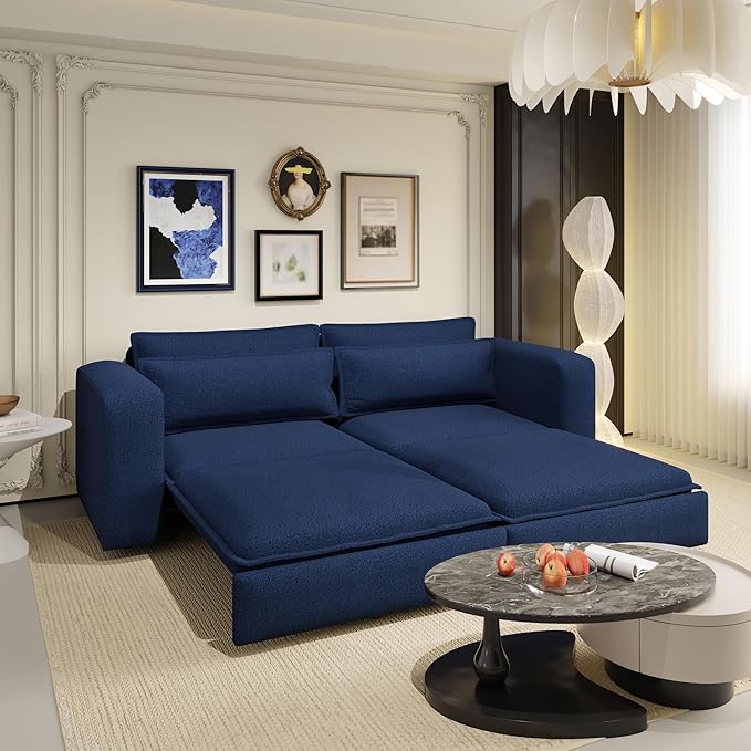 93King Size Pull Out Sofa Bed 3-in-1 Teddy Convertible Sleeper Sofa with Ultra Wide Armrests Tufted Modern Sofa with 2 Lumbar Pillows for Bedroom Living Room Apartment (Blue 93inch)