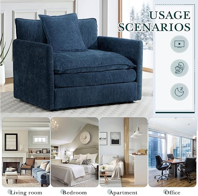 SLEERWAY Oversized Chair with Ottoman Set Modern Comfy Living Room Chenille Single Large Cloud Couch Lounge Chair Indoor for Bedroom Office Apartment Blue