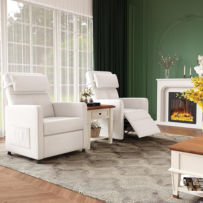PeakPursuit Power Recliner Chair with Electric Adjustable Back USB Port &amp Side Pockets Single Overstuffed Recliner Chair for Living Room Bedroom or Home Theater Beige White