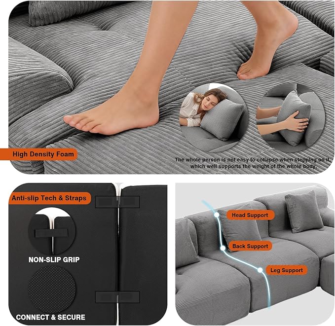 120 Modular Boneless Cloud Couch Sectional Couches for Living Room with Ottoman Modern L-Shaped Modular Sectional Sofa Bed with Deep Seat Corduroy 3-Seater Sleeper Sofas for Living Room (Grey)