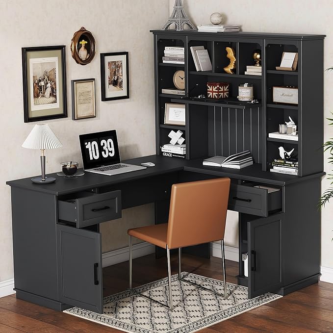 L-Shaped Gaming Desk with Hutch Corner Desk with Drawers and Cabinet Home Office Computer Desk with Open Storage Shelves Multi-functional Writing Desk for Study Room Bedroom Living Room Black