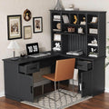 L-Shaped Gaming Desk with Hutch Corner Desk with Drawers and Cabinet Home Office Computer Desk with Open Storage Shelves Multi-functional Writing Desk for Study Room Bedroom Living Room Black