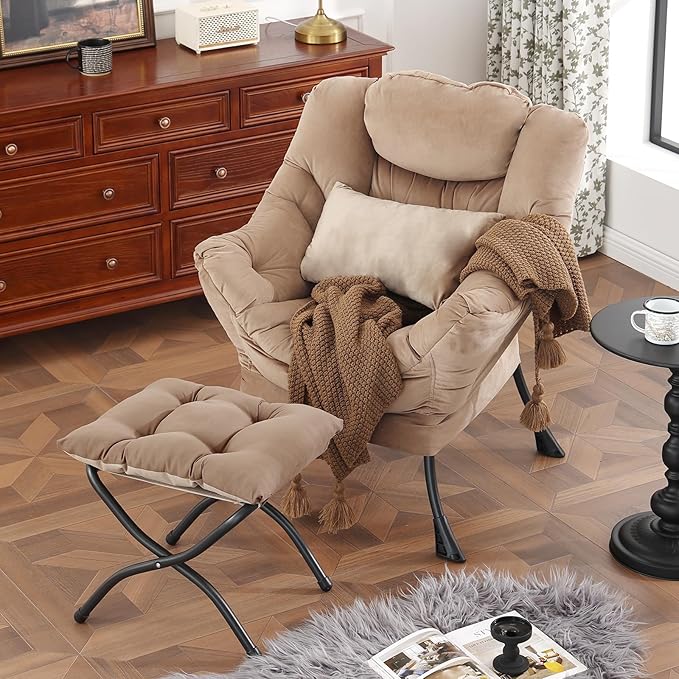 Lazy Chair with Ottoman Modern Accent Chair with Lumbar Pillow Velvet Khaki Sofa Armchairs with Folding Footrest Oversized Supportive Chairs for Bedroom Reading