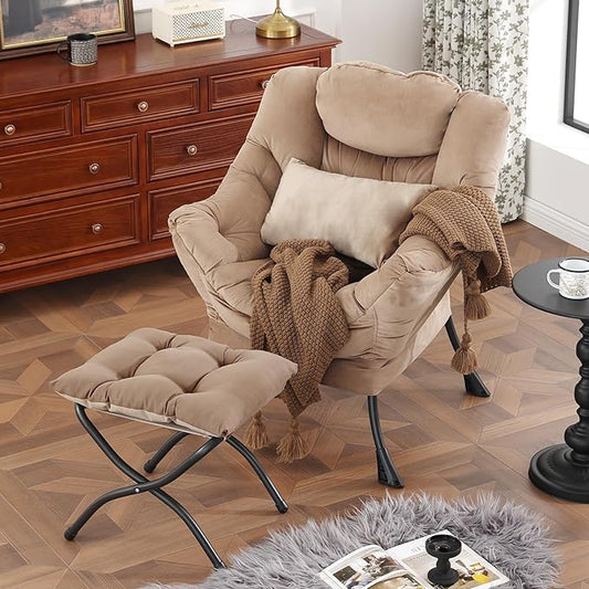 Lazy Chair with Ottoman Modern Accent Chair with Lumbar Pillow Velvet Khaki Sofa Armchairs with Folding Footrest Oversized Supportive Chairs for Bedroom Reading