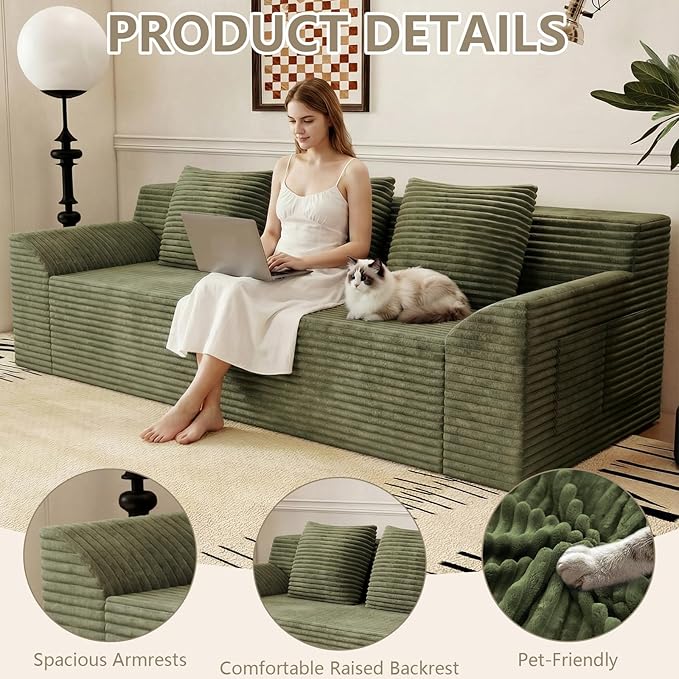 71 Love Seat Couches Corduroy Boneless Loveseat with Deep Seats 2 Seat Couch Apartment Size Couch with 3 Pillows&ampSide Pockets for Bedroom Office No Assembly Required Green