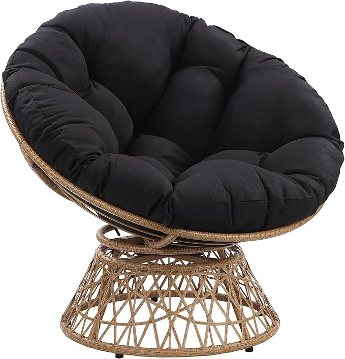 OSP Home Furnishings Wicker Papasan Chair with 360-Degree Swivel Natural Frame with Black Cushion