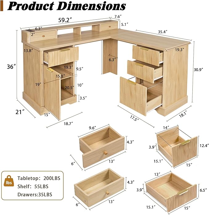 Modern Fluted 59 Executive L Shaped Desk with Drawer Home Office Desk with Charging Station Corner Computer Desk with Monitor Stand File Drawer Storage Cabinet (Natural)