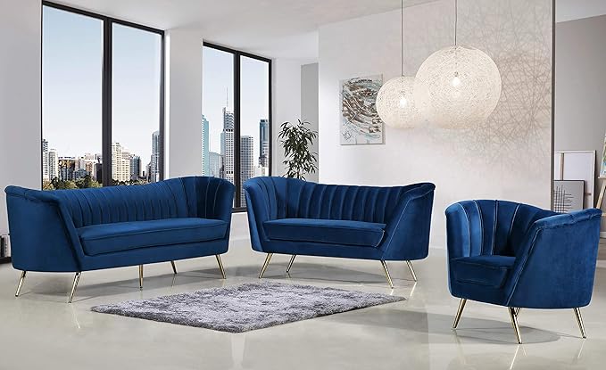 Meridian Furniture Margo Collection Modern | Contemporary Velvet Upholstered Sofa with Deep Channel Tufting and Rich Gold Stainless Steel Legs Navy 88 W x 30 D x 33 H