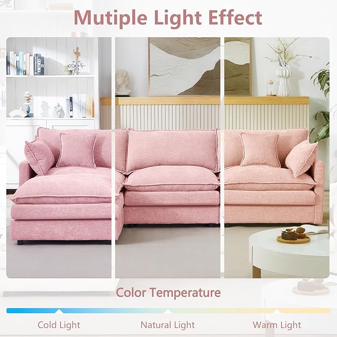 GNIXUU 102 Modular Sectional Sofa L Shaped Cloud Couch with Movable Ottoman &amp 4 Pillows Deep Seat Chenille 4 Seater Sectional Couches for Living Room Apartment (Pink)