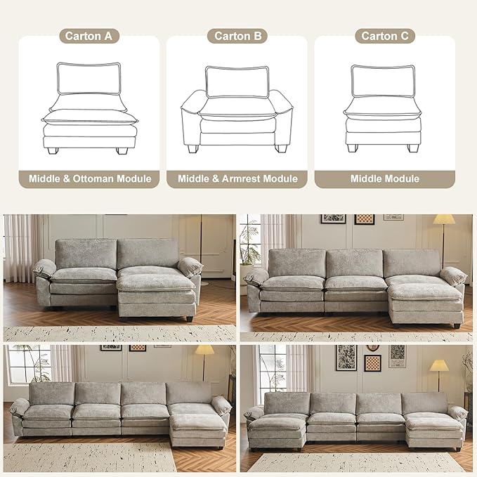 Karl home Sectional Sofa Modular Deep Seat Sofa Couch with Ottoman Chenille Sofa Sleeper Comfy Upholstered Furniture for Living Room Apartment Studio Office (3-Seat &amp 1-Ottoman Light Gray)