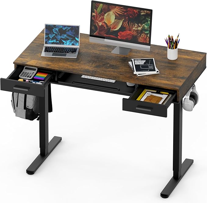 SHW 48-Inch Electric Height Adjustable Desk with Keyboard Tray and 2 Drawers Rustic Brown