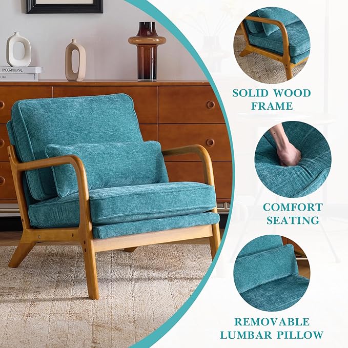 Karl home Mid Century Modern Accent Chair with Lumbar Pillow &amp Oak Arms – Plush Chenille Living Room Chair for Bedroom Lounge (Teal)