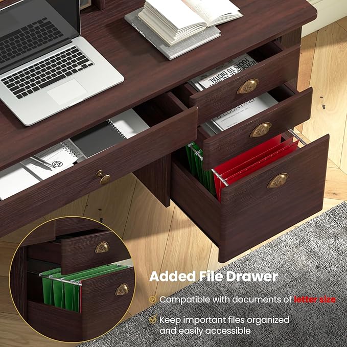 GLACER 48 Computer Desk with 4 Storage Drawers &amp Hutch Home Office Desk with Cable Hole for PC Laptop Wooden Writing Workstation Gaming Desk for Office Study Bedroom Small Spaces (Brown)