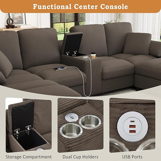 Merax 116.9 Modern U-Shaped Sofa Sectional Sofa Corduroy Upholstered Sofa Couch with Storage Ottomans Cup Holders and USB Ports for Living Room Brown