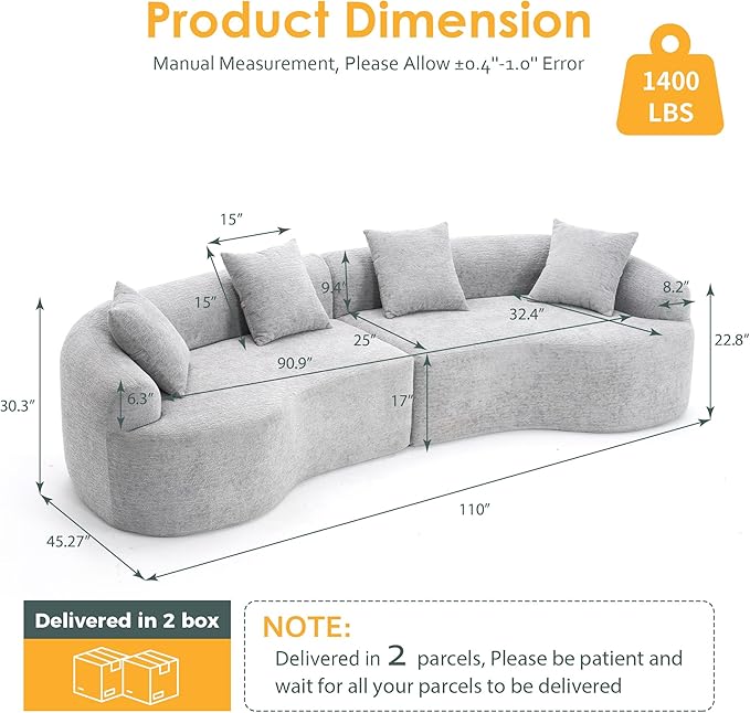 Oversized Sectional Boneless Sofa for Living Room 110 Modern Luxury Chenille Sofa 4-Seater Extra Deep &amp Wide Seat Curved Cloud Couch with 4 Throw Pillows Grey