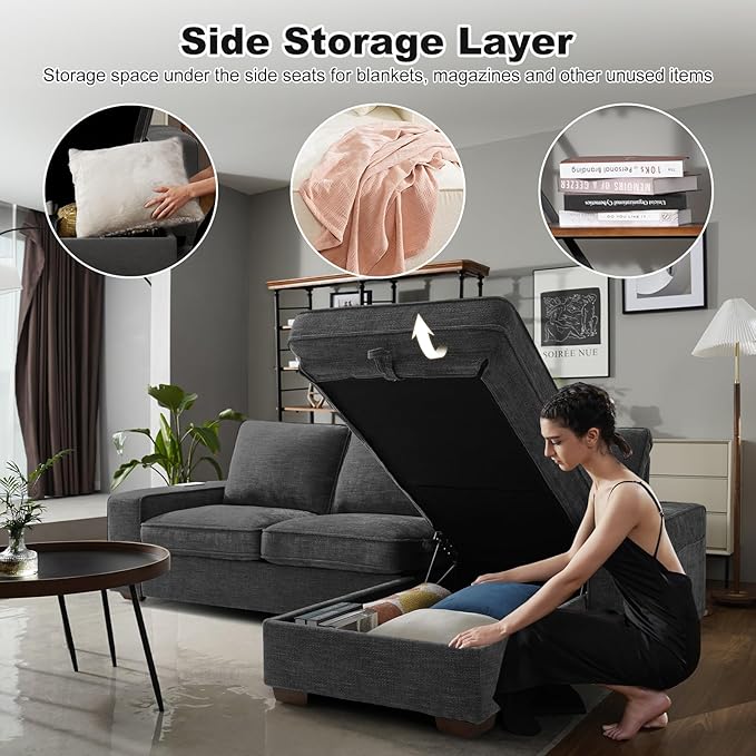 COOSLEEP 99” L-Shape Convertible Sectional Couches Sofas with 190L Storage Chaise Chenilee Sofas with Removable Cushion and Detachable CoverUSB Charging for Living Room(Dark Grey)