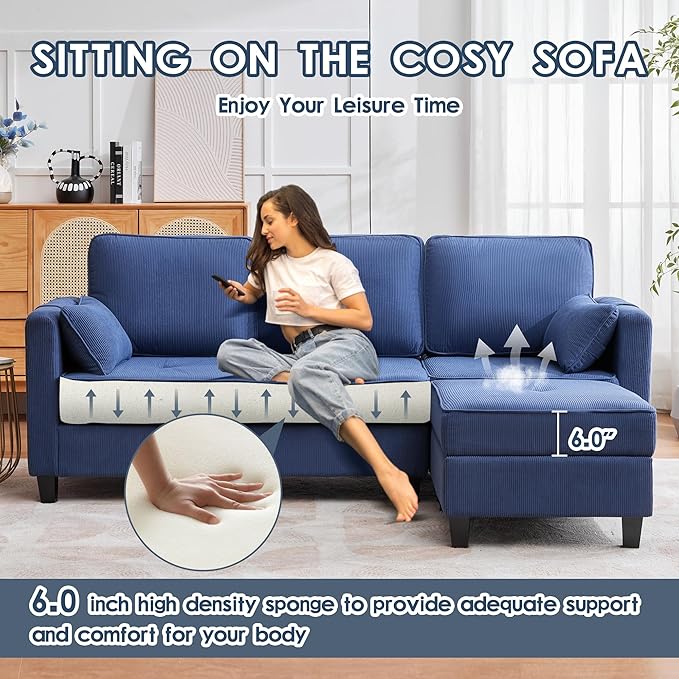Convertible Sectional Sofa Couches for Living Room with Movable Ottoman 3 Seat 80 L Shaped Sofa with USB Ports&amp2 Pockets Corduroy Fabric Sofa Recliner for Apartment Small Place (Blue)