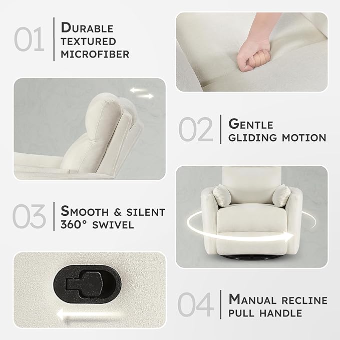 Lexicon Modern Swivel Glider Recliner Chair - Quiet 360 Swivel Chair Durable Microfiber Upholstered 2 Pillows Manual Reclining for Living Room Small Spaces Nursery Apartment Bedroom Beige