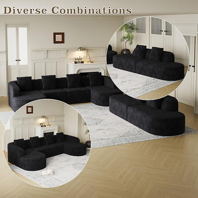 111.8' Curved Sectional Cloud Sofa Modern L Shaped Couch with Chaise &amp Pillows Comfy Upholstered Deep Seat Compression Boneless Sofa for Living Room Office No Assembly Required Left Facing Bl