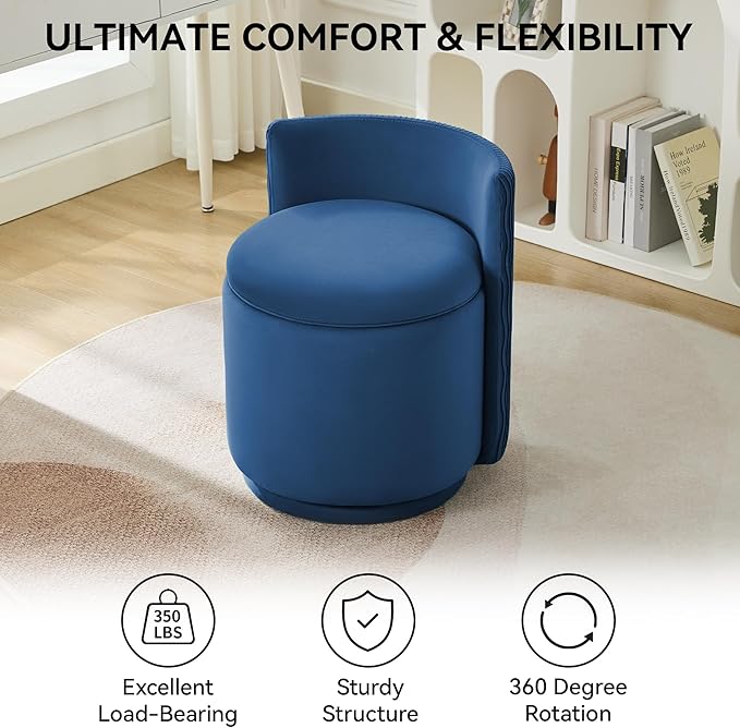 Velvet Vanity Chair with Storage 360° Swivel Makeup Chair with Wave Back No Assembly Small Accent Stool for Bedroom Dressing Living Room Blue