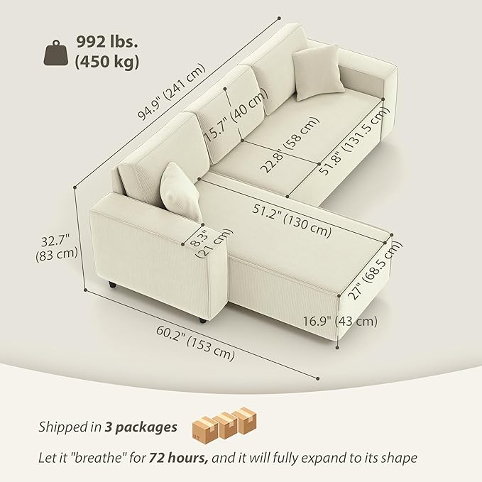 HOMCOM 95 Sectional Sofa with Reversible Chaise Lounge L-Shaped Corner Sofa with Corduroy Fabric Pocket Spring 2 Pillows Wide Arm Thick Padded 3 Seat Couch for Living Room Cream White