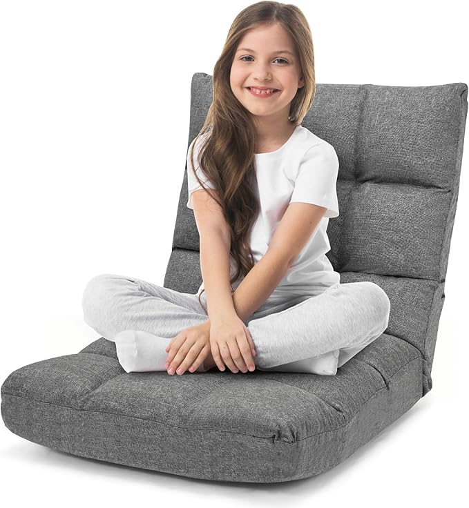 ERGOMASTER Floor Gaming Chair with Back Support 14 Adjustable Positions Folding Recliner Alloy Steel Frame High Resilience Sponge &amp Linen Fabric Couch Recliner for Playing Reading for Adults Kids