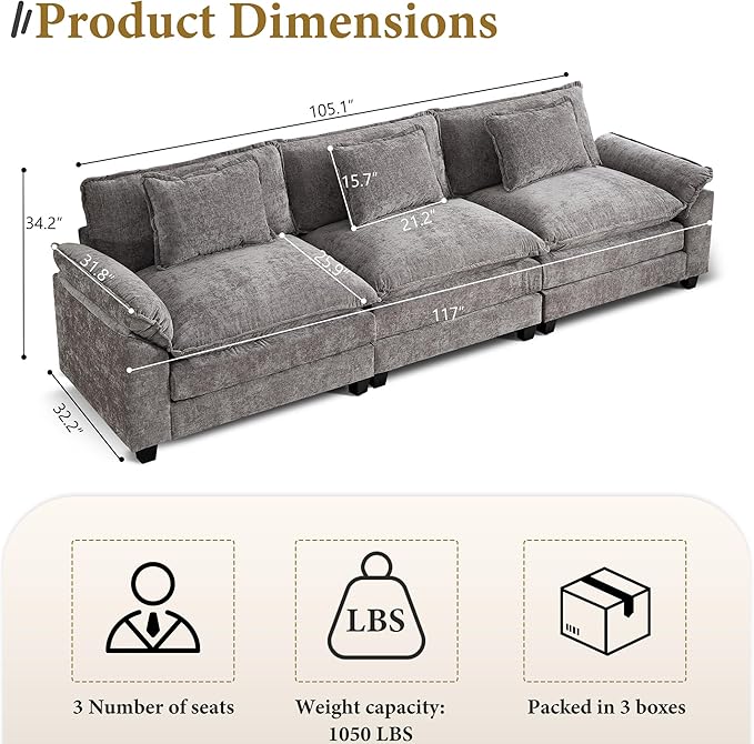 URRED Modular Sectional Sofa Comfy Cloud Couch Modern Chenille Sofa Sleeper Deep Seat Couches with Ottoman/Pillows for Living Room (Gray 117'')