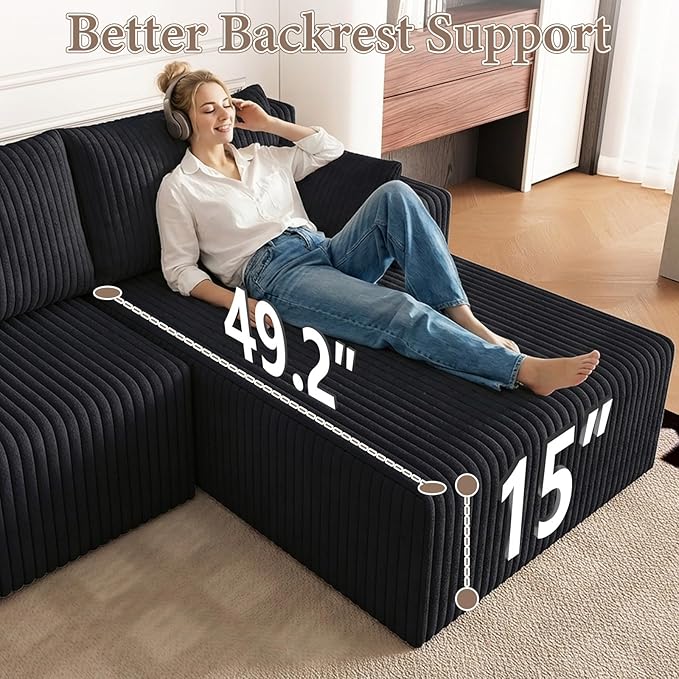 123 Cloud Modular Sectional Couch U-Shaped with Two Chaise Corduroy Boneless Couch for Living Room Bedroom Deep-Seat Upholstered Modular Cloud Sofa No Assembly Required Black