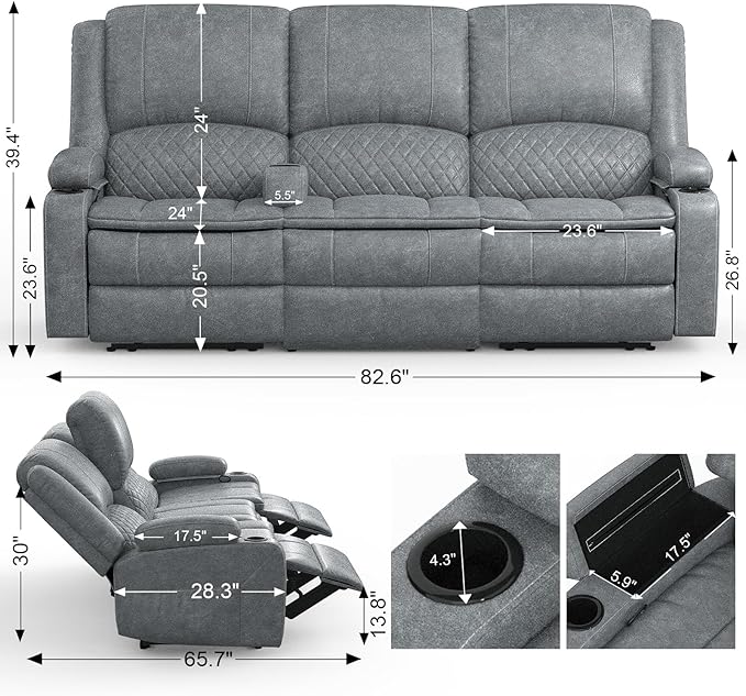 Recliner Sofa 3 Seater Manual Reclining Sofa with 2-Tier Cushion Reclining Couches for Living Room with Removable Console Hidden Storage Space Cup Holders - Gray